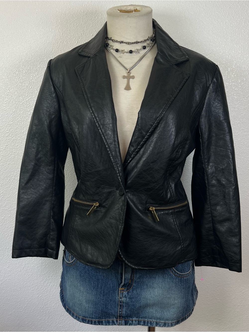 Women’s Black Faux Leather Blazer Jacket - Classic Single-Button